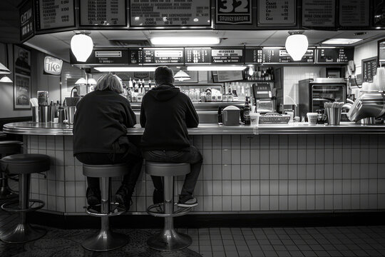 Retro Diner Scene with Two People Sitting at the Counter in Black and White - Powered by Adobe
