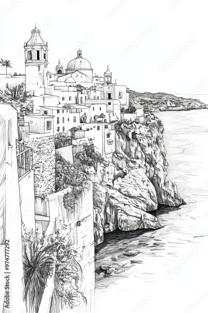 Wall mural Menorca, Spain, black and white pen pencil hand-drawn effect portrait drawing illustration for travel poster, card, wallpaper, backdrop or banner. Modern, clear, artistic and simple