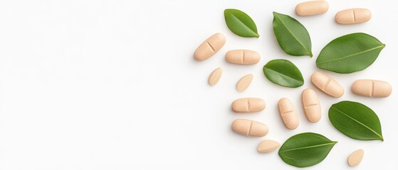 Natural health supplements with green leaves, promoting wellness and vitality in a clean, bright environment.