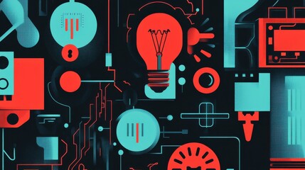 Obraz premium Abstract Technology Illustration: Glowing Lightbulb and Circuit Board