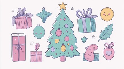 Fototapeta premium Cute Christmas Illustration: Festive Tree, Presents & Ornaments