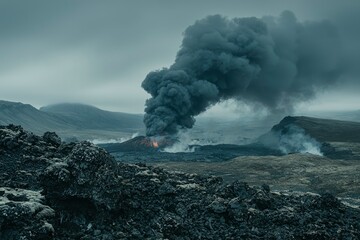 Fototapeta premium A Volcanic Eruption with Black Smoke and Lava Flowing in a Crater