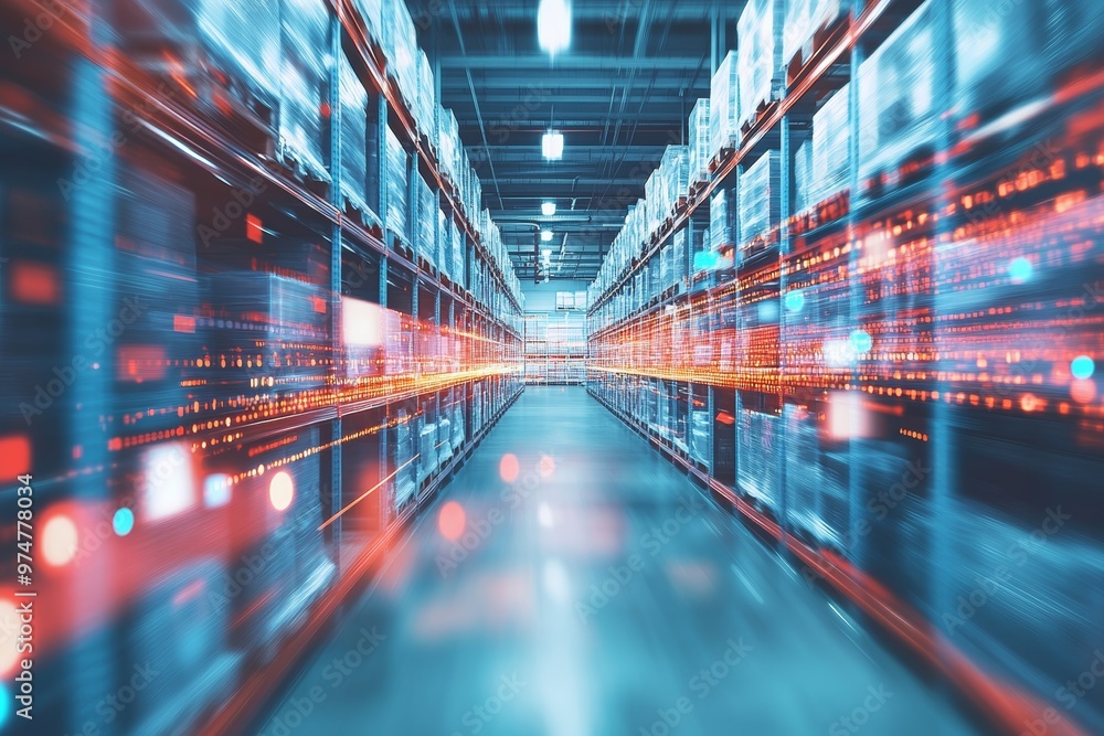 Poster blurred view of a high tech warehouse representing cloud storage and digital connectivity