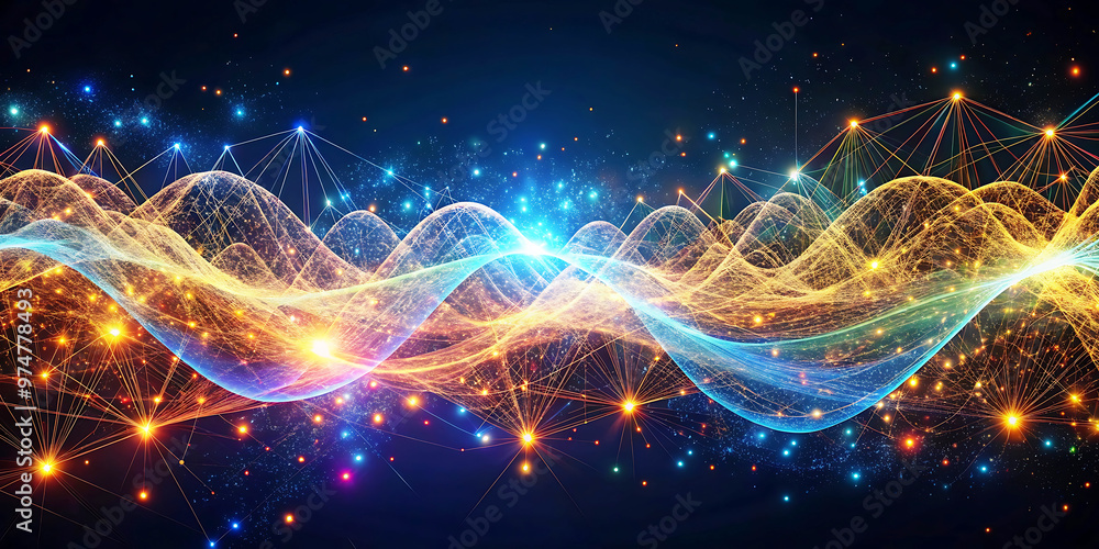 Poster colorful abstract light wave pattern with glowing energy lines and dynamic particles on a dark backg