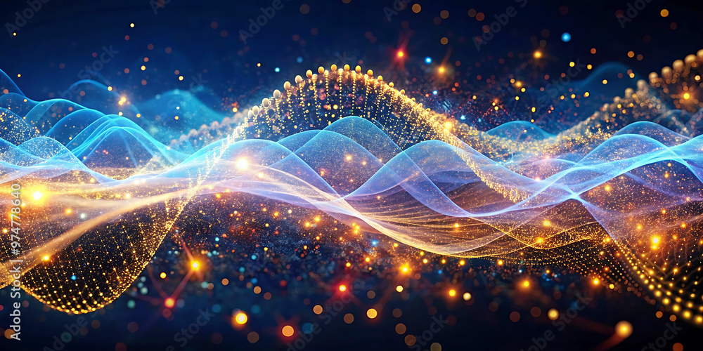 Poster colorful abstract light wave pattern with glowing energy lines and dynamic particles on a dark backg