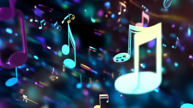 Vibrant musical notes floating in dynamic motion with colorful abstract background, 4k video