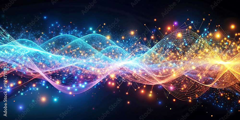 Poster colorful abstract light wave pattern with glowing energy lines and dynamic particles on a dark backg