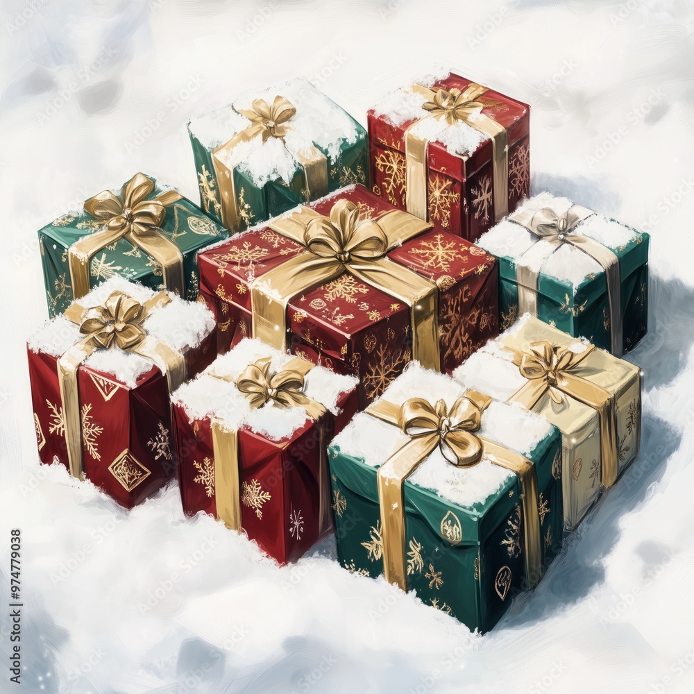 Wall mural Colorfully wrapped Christmas presents surrounded by snow during the festive holiday season