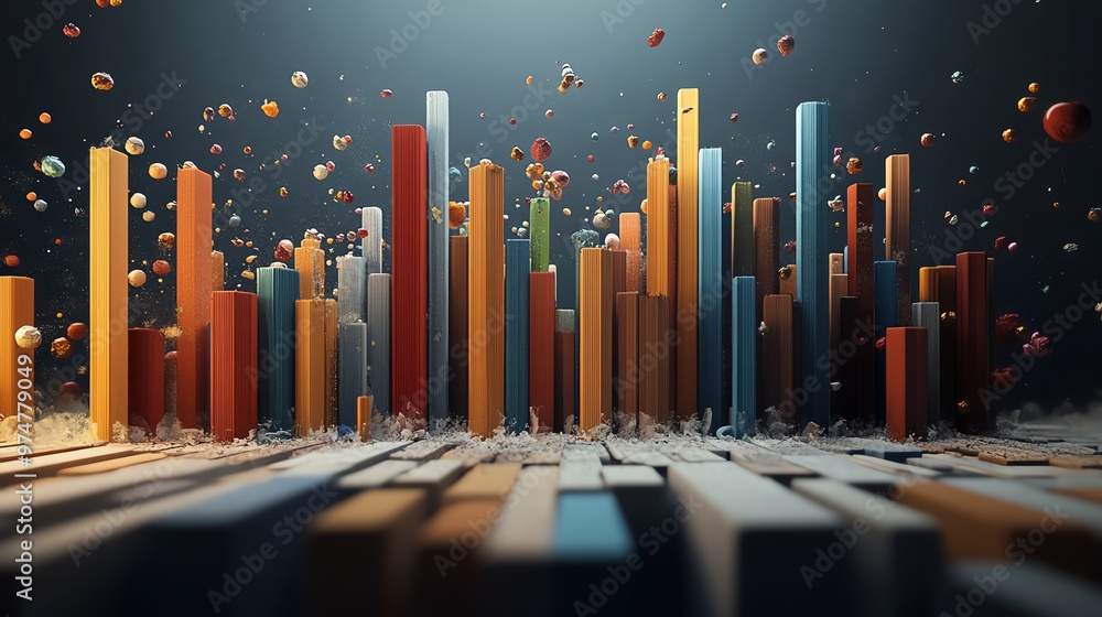 Poster abstract 3d city skyline with colorful blocks and particles.
