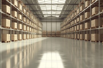 Fototapeta premium Modern 3d visualization of an empty warehouse with high shelves and reflective glossy flooring