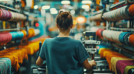 Factory worker in a textile factory, operating weaving machines, threads and fabrics in view