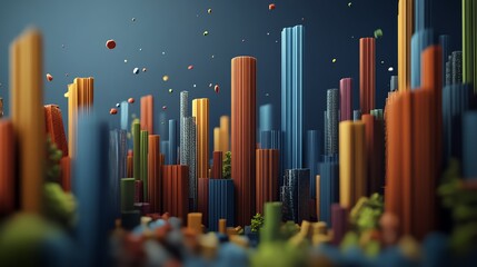 Obraz premium Abstract city scene with colorful geometric shapes and floating spheres.