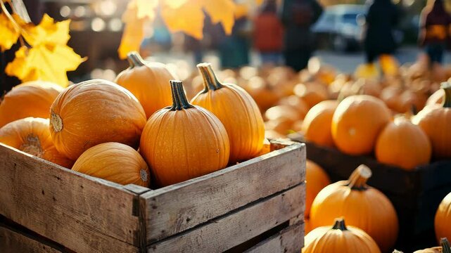 Autumn harvest begins as pumpkins shine brightly in wooden crates at local outdoor market, 4k video