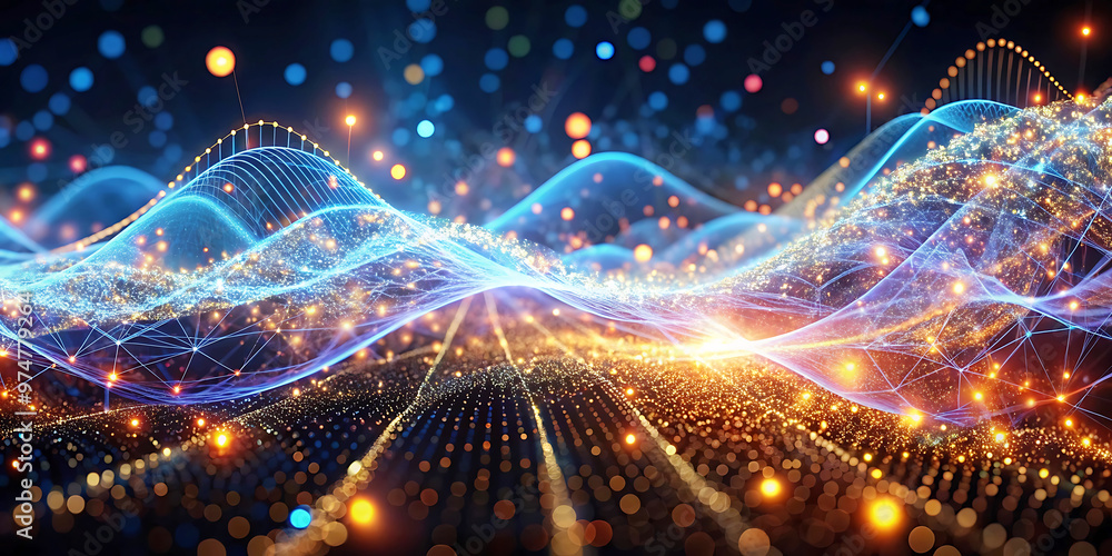 Poster colorful abstract light wave pattern with glowing energy lines and dynamic particles on a dark backg