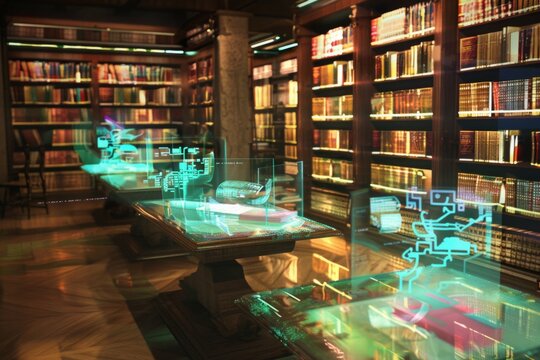A futuristic library, with holographic displays and virtual reality technology, offers an immersive and interactive reading experience