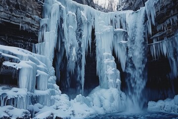A frozen waterfall cascading down a cliffside, its icy streams sculpted by the wind and frost into mesmerizing formations