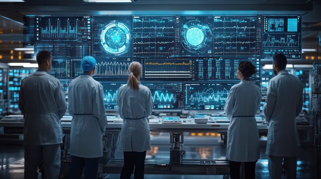 An animation of data processing visualizations appearing over a diverse group of surgeons in a modern operating room, showcasing the integration of technology in healthcare.