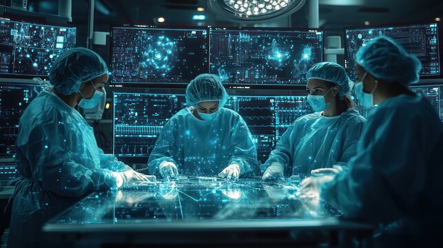 An animation of data processing visualizations appearing over a diverse group of surgeons in a modern operating room, showcasing the integration of technology in healthcare. - Powered by Adobe