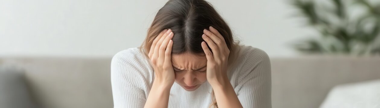 Woman with head in her hands, sitting on a couch, representing the emotional impact of infertility infertility, emotional struggle