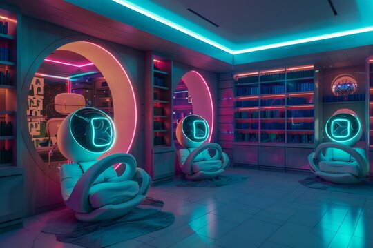 A futuristic library, with holographic displays and virtual reality technology, offers an immersive and interactive reading experience