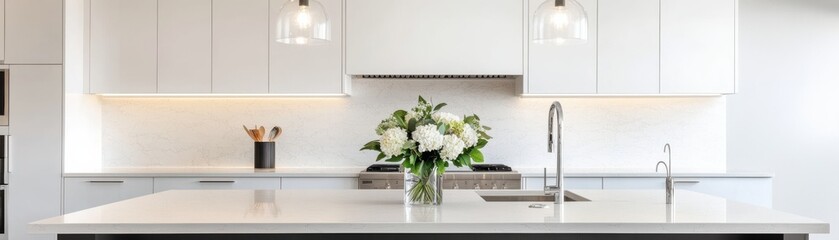 A modern kitchen featuring elegant white cabinetry, bright lighting, and a stylish centerpiece of fresh flowers.