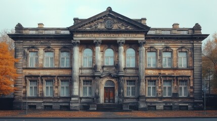 Fototapeta premium An abandoned classic bank building, with its faded grandeur and weathered stonework, evoking nostalgia and history.