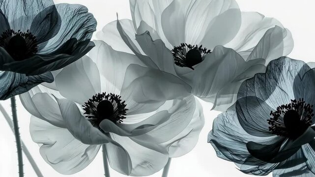 Delicate shades of monochrome poppies in abstract floral art, 4k video