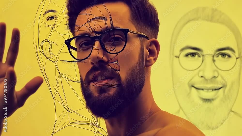 Poster man's portrait with facial sketches on yellow background generative ai