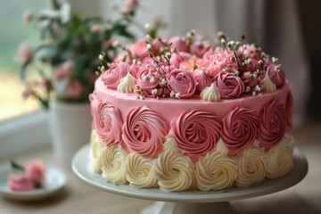 A pink and white cake with buttercream frosting and delicate flower decorations.
