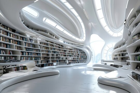 A futuristic library's sleek design and cutting-edge technology create an atmosphere of innovation and boundless possibilities