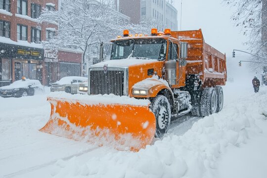 Orange snow plow truck efficiently clearing snow from urban streets during heavy winter storm