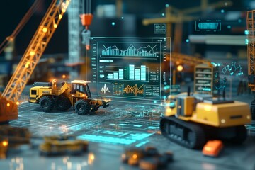 Futuristic digital construction site with cranes and holographic energy data visualization