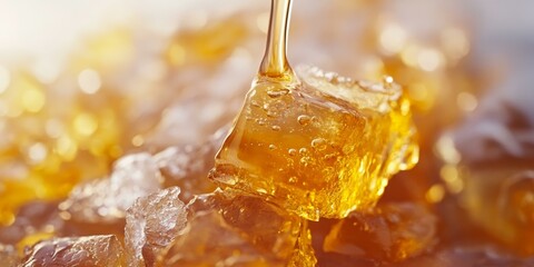 Golden liquid pouring over ice cubes.