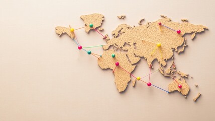 Fototapeta premium A cork map of the world with colorful pins, ideal for travel planning, brainstorming, or educational purposes.