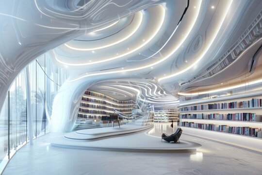 A futuristic library, with holographic displays and virtual reality technology, offers an immersive and interactive reading experience