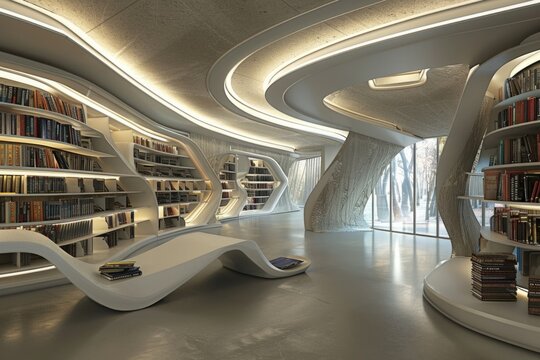 A futuristic library's sleek design and cutting-edge technology create an atmosphere of innovation and boundless possibilities
