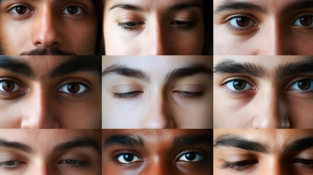 Collage of diverse people closeup portraits, with eyes of different colors and shapes looking at camera