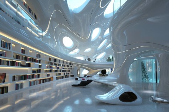 A futuristic library's sleek design and cutting-edge technology create an atmosphere of innovation and boundless possibilities