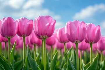 Fototapeta premium Close-up of Pink Tulips in a Field with a Blue Sky and White Clouds