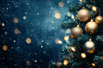 Elegant christmas tree adorned with gold ornaments and blurred lights on dark blue background