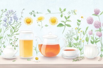 A serene tea setup featuring delicate teapots and fresh flowers, evoking tranquility and nature's beauty.