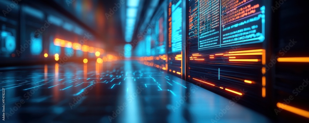 Poster a futuristic data center with glowing screens and illuminated pathways, showcasing advanced technolo