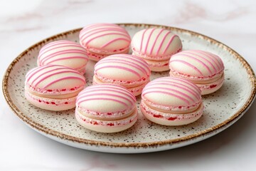 Obraz premium Pink and White Striped Macarons on a Speckled Plate