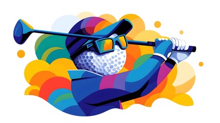 Focused Golf Ball Dressed in Vibrant Golfing Attire Taking a Powerful Swing in Art Deco Inspired Graphic Design