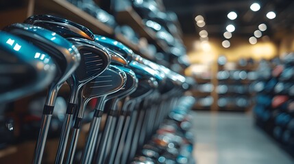 Defocused Image of Golf Clubs Displayed on Rack in Sports Equipment Shop