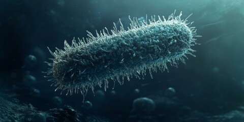 A single, spiky microbe floating in a dark blue liquid.