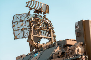 Powerful mobile military radar station scanning for enemy aircraft