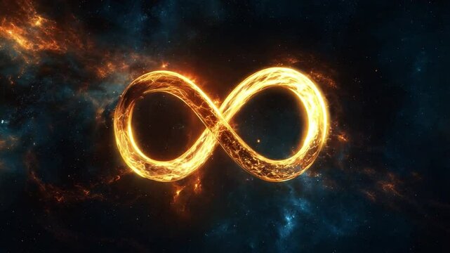 A glowing infinity symbol radiates warm light in a dark cosmic backdrop filled with colorful nebulas and starry elements
