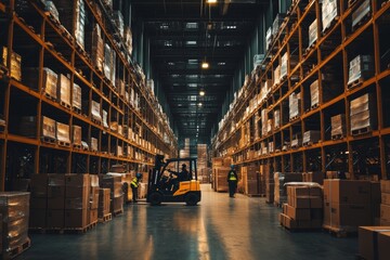 Dynamic warehouse setting featuring active workers and forklifts amidst packed high shelves