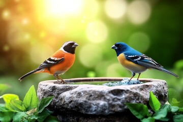 Fototapeta premium Attracting Birds to Your Garden visualized in a nature-themed infographic, focusing on bird-friendly plants, feeders, and water features to make your garden lively